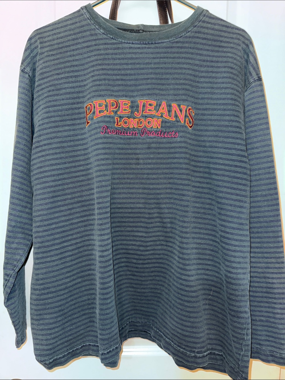 Pepe Jeans Navy Striped Crewneck with Orange Embroidered Logo